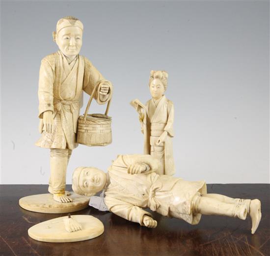 Three Japanese bone and ivory sectional figures, early 20th century, 24.5cm - 17.5cm, losses